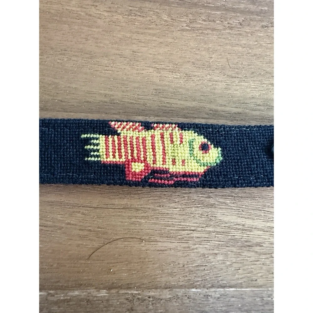 Handmade belt Needlepoint Fish  Mahi Leather Canvas Brass Buckle USA Sz 32 S/M